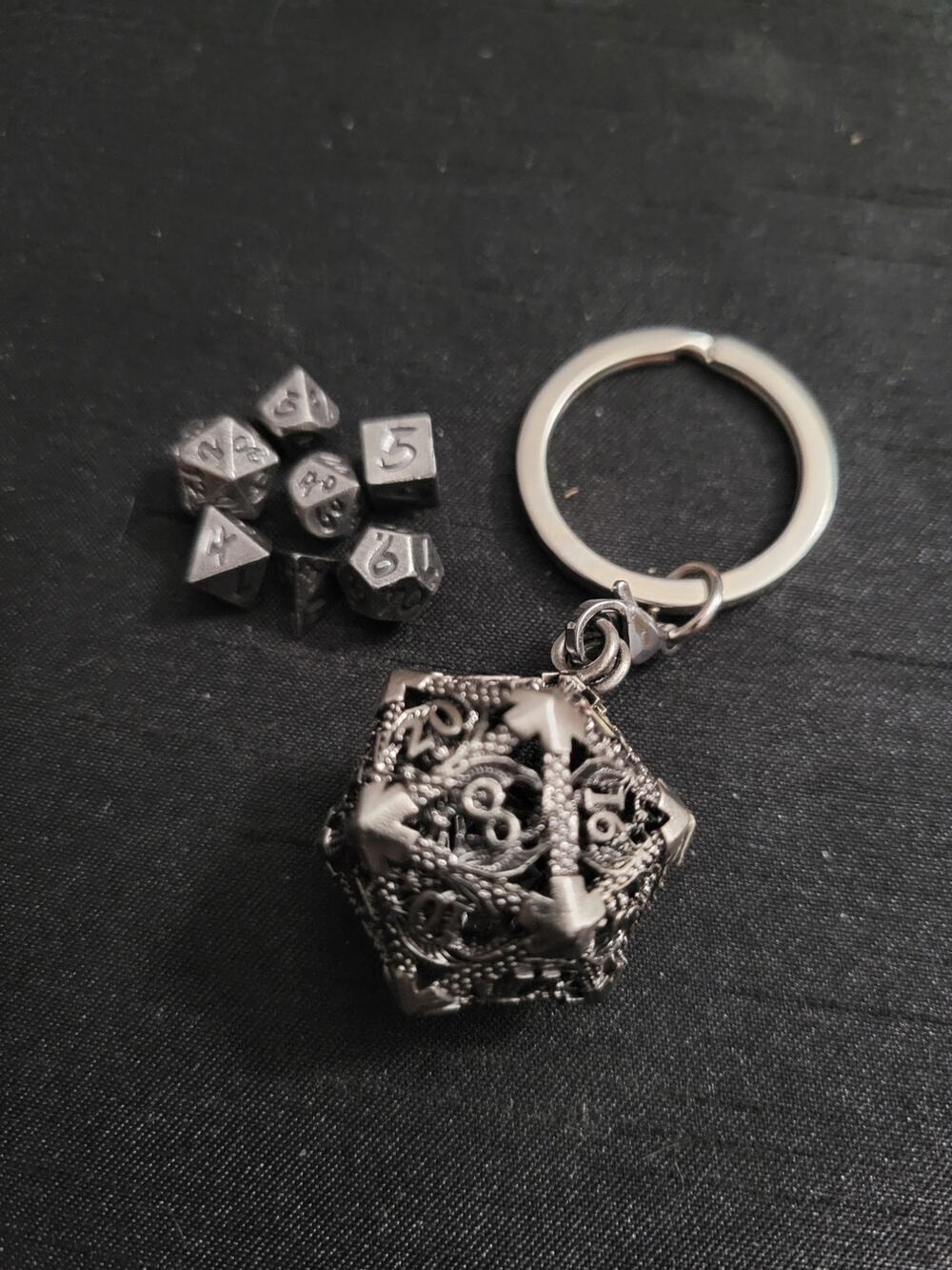 Mini DND silver gamer keychain dice set, 6mm set of 7 polyhedral dice in D20